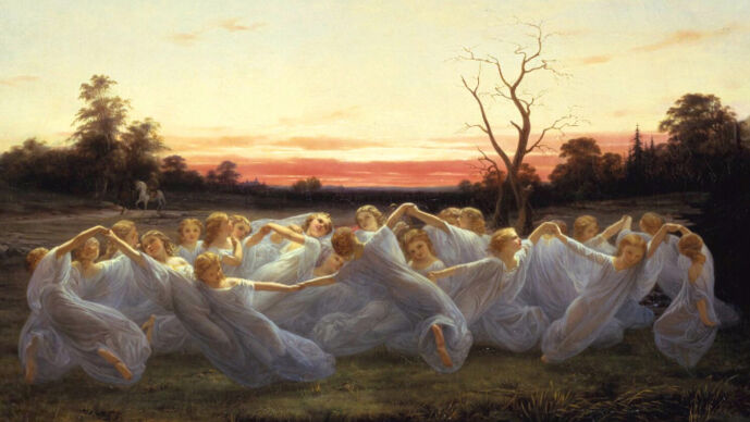 Målning av Nils Blommér med älvor som dansar på en äng