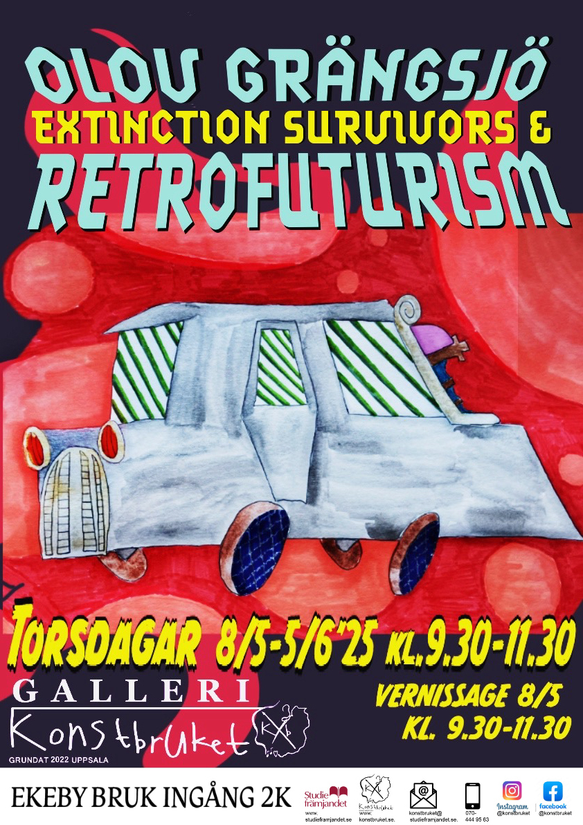 Affisch för Olov Grängsjös utställning Extinction survivors & Retrofuturism 2025